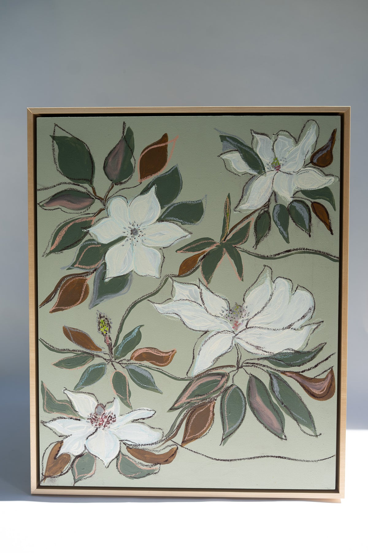 Hampton Park Magnolias III, original acrylic, oil stick and graphite painting on cradled panel, view 5 of 5
