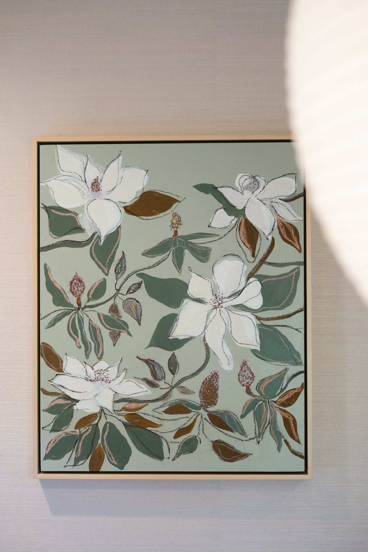 Hampton Park Magnolias II, original acrylic, oil stick and graphite painting on cradled panel, view 3 of 5