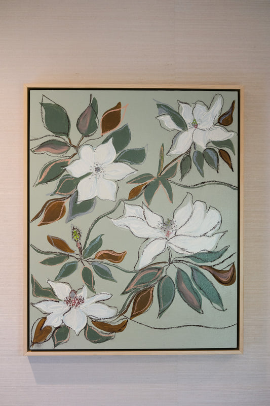 Hampton Park Magnolias III, original acrylic, oil stick and graphite painting on cradled panel, view 1 of 5