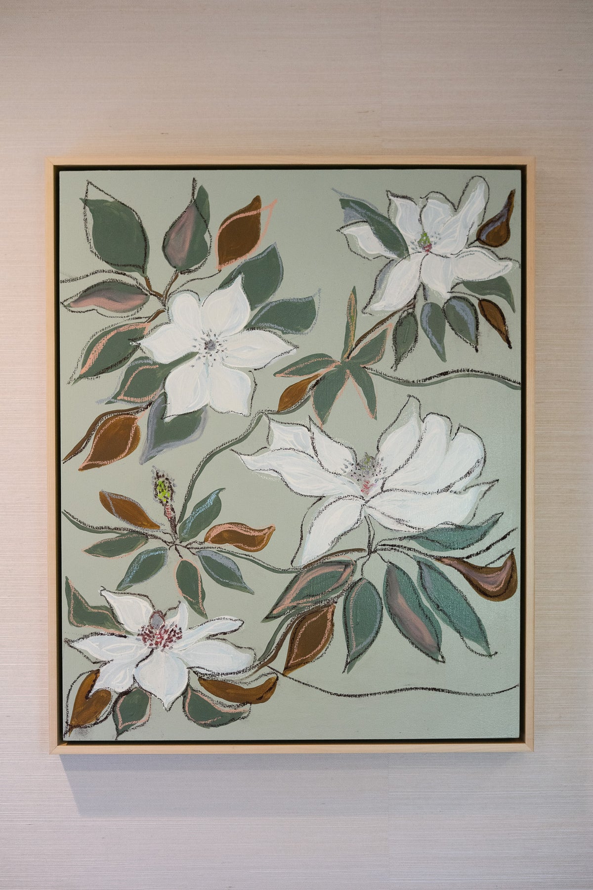 Hampton Park Magnolias III, original acrylic, oil stick and graphite painting on cradled panel, view 3 of 5