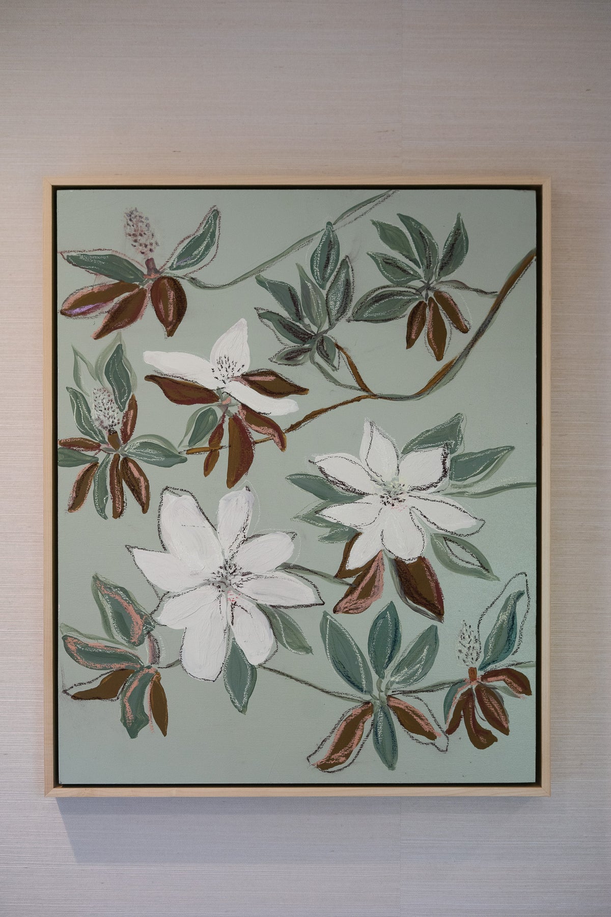 Hampton Park Magnolias IV, original acrylic, oil stick and graphite painting on cradled panel, view 1 of 3