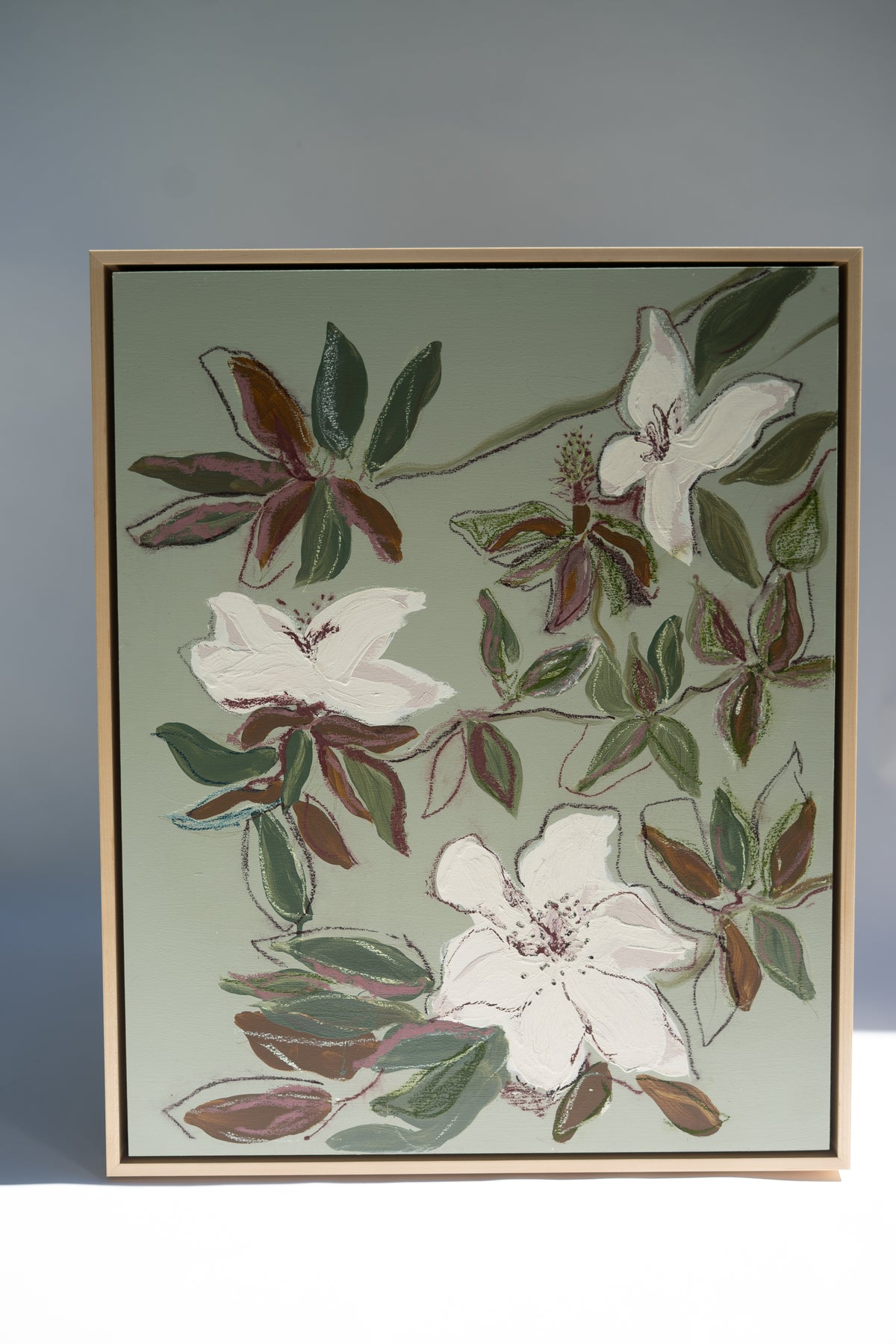 Hampton Park Magnolias I, original acrylic, oil stick and graphite painting on cradled panel, view 4 of 4