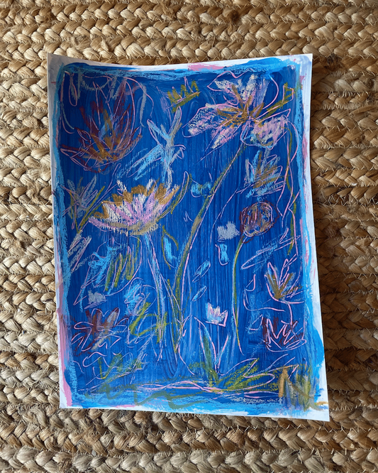 Royal Blue Flowers is a 9x12 original painting with mixed media on paper by Kent Collective